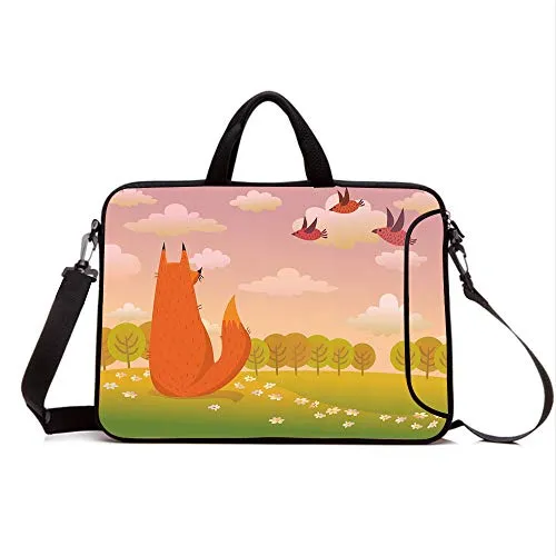 17" Neoprene Laptop Bag Sleeve with Handle,Adjustable Shoulder Strap & External Side Pocket,Cartoon,Animal Fox Wildlife in Valley Farm Sunset with Birds Flower Daisies Artwork,Orange Lilac Green