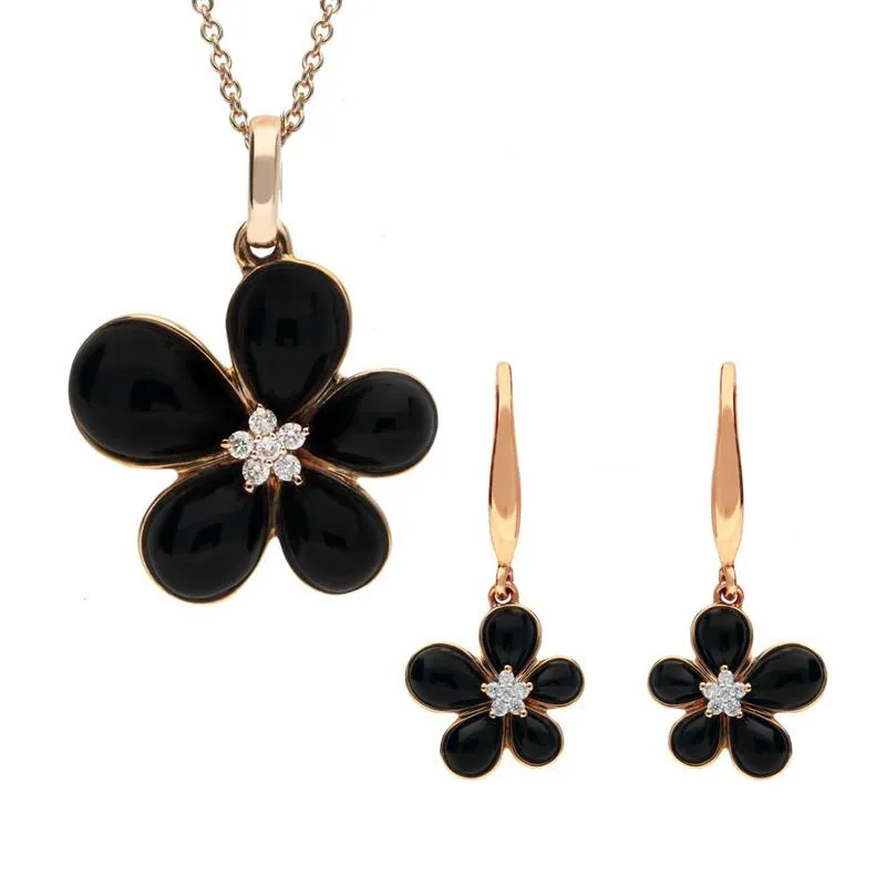 18ct Rose Gold Whitby Jet Diamond Large Flower Two Piece Set D