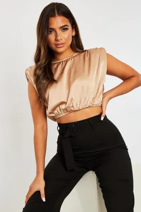 Beige Satin Ruched Shoulder Pad Crop Top - Darina