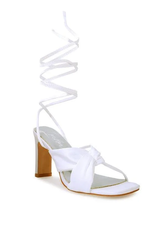 Chasm Ruched Satin Tie Up Block Heeled Sandals