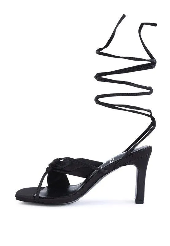 Chasm Ruched Satin Tie Up Block Heeled Sandals