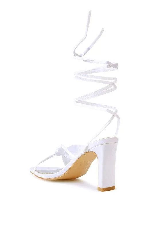 Chasm Ruched Satin Tie Up Block Heeled Sandals