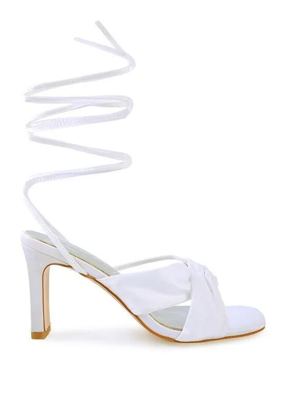 Chasm Ruched Satin Tie Up Block Heeled Sandals