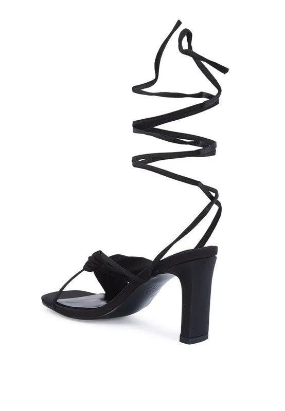 Chasm Ruched Satin Tie Up Block Heeled Sandals