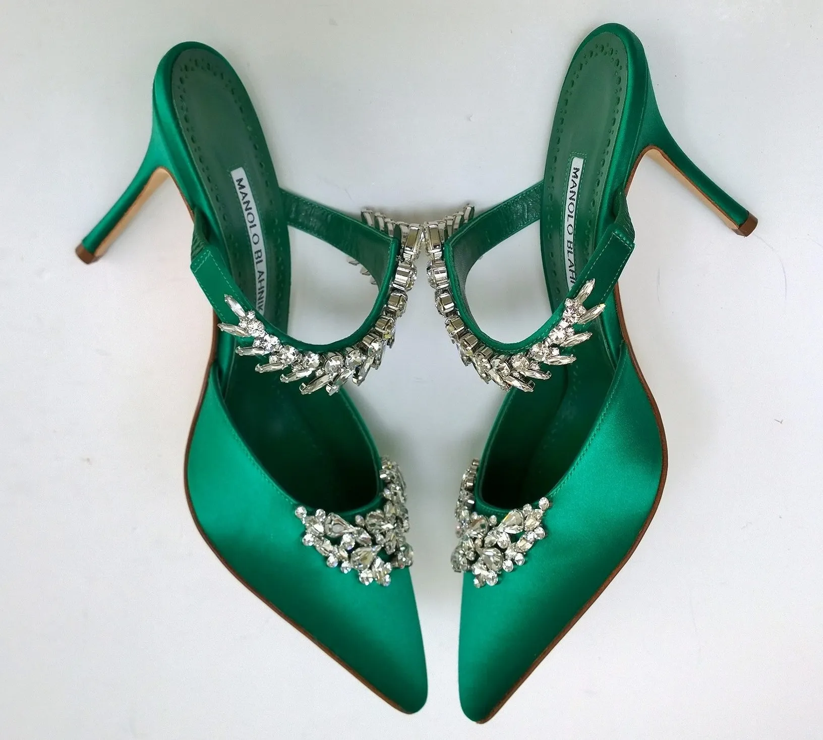 Manolo Blahnik Lurum 90 Bright Green Satin and Rhinestone Heels Strass Mules