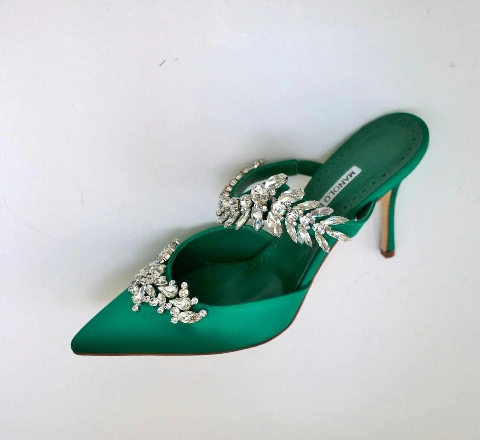 Manolo Blahnik Lurum 90 Bright Green Satin and Rhinestone Heels Strass Mules