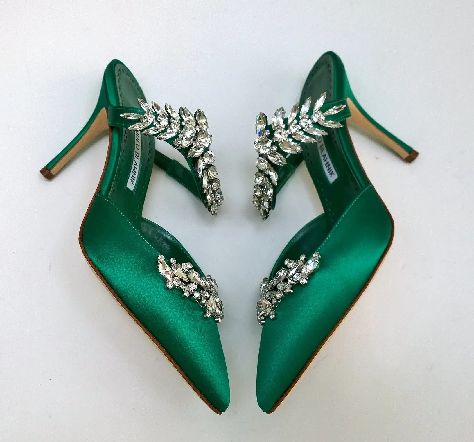 Manolo Blahnik Lurum 90 Bright Green Satin and Rhinestone Heels Strass Mules