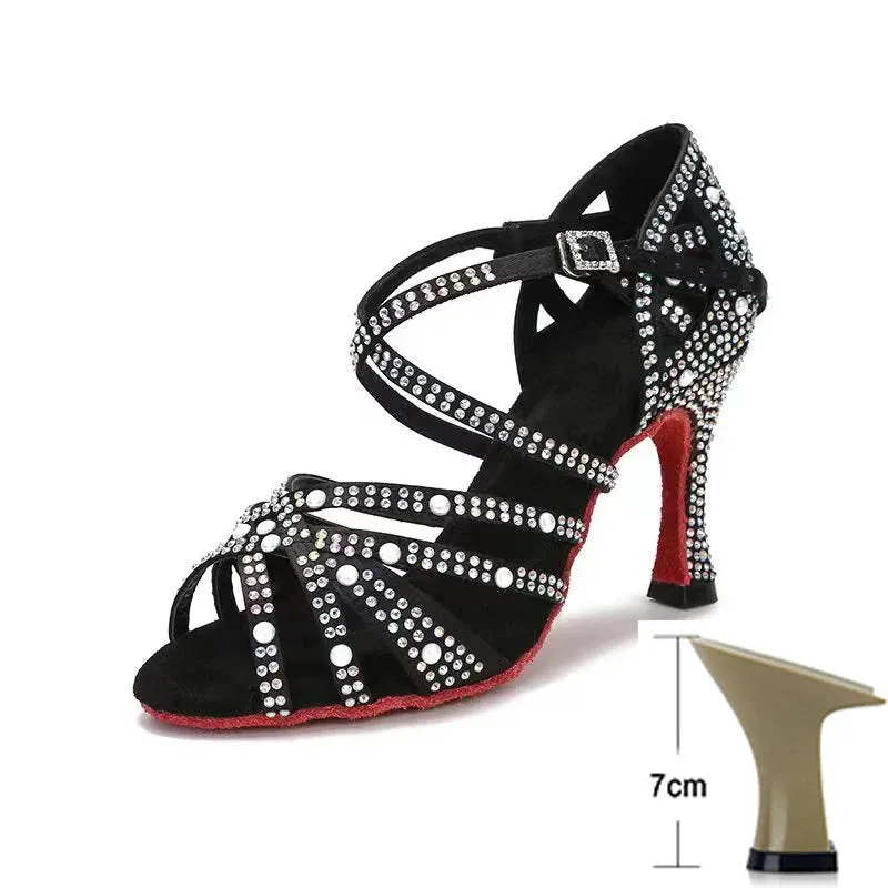 Pearl Black Latin Dance Shoes for Women Summer Soft Bottom Indoor Jazz Tango Salsa High Heels Sandals Party