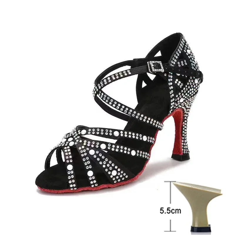 Pearl Black Latin Dance Shoes for Women Summer Soft Bottom Indoor Jazz Tango Salsa High Heels Sandals Party