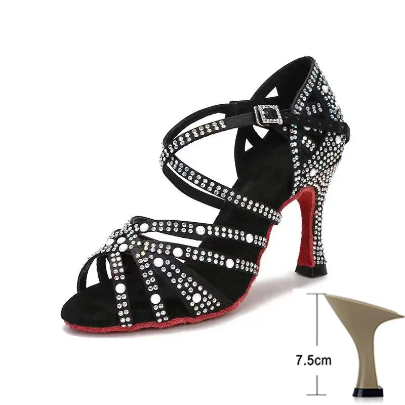 Pearl Black Latin Dance Shoes for Women Summer Soft Bottom Indoor Jazz Tango Salsa High Heels Sandals Party