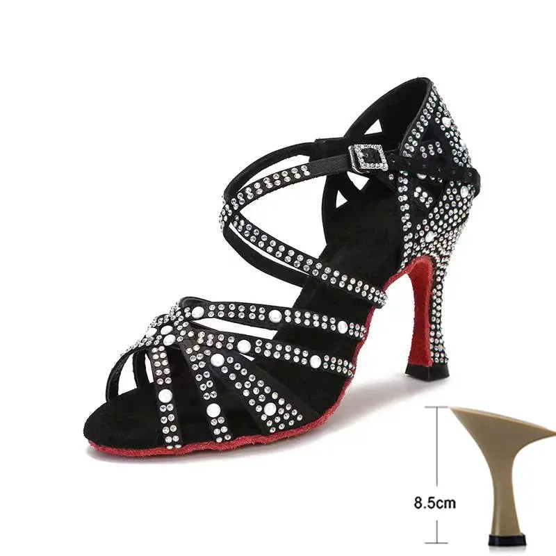 Pearl Black Latin Dance Shoes for Women Summer Soft Bottom Indoor Jazz Tango Salsa High Heels Sandals Party