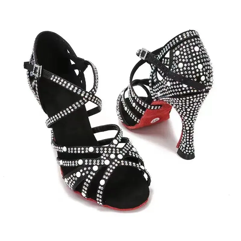 Pearl Black Latin Dance Shoes for Women Summer Soft Bottom Indoor Jazz Tango Salsa High Heels Sandals Party