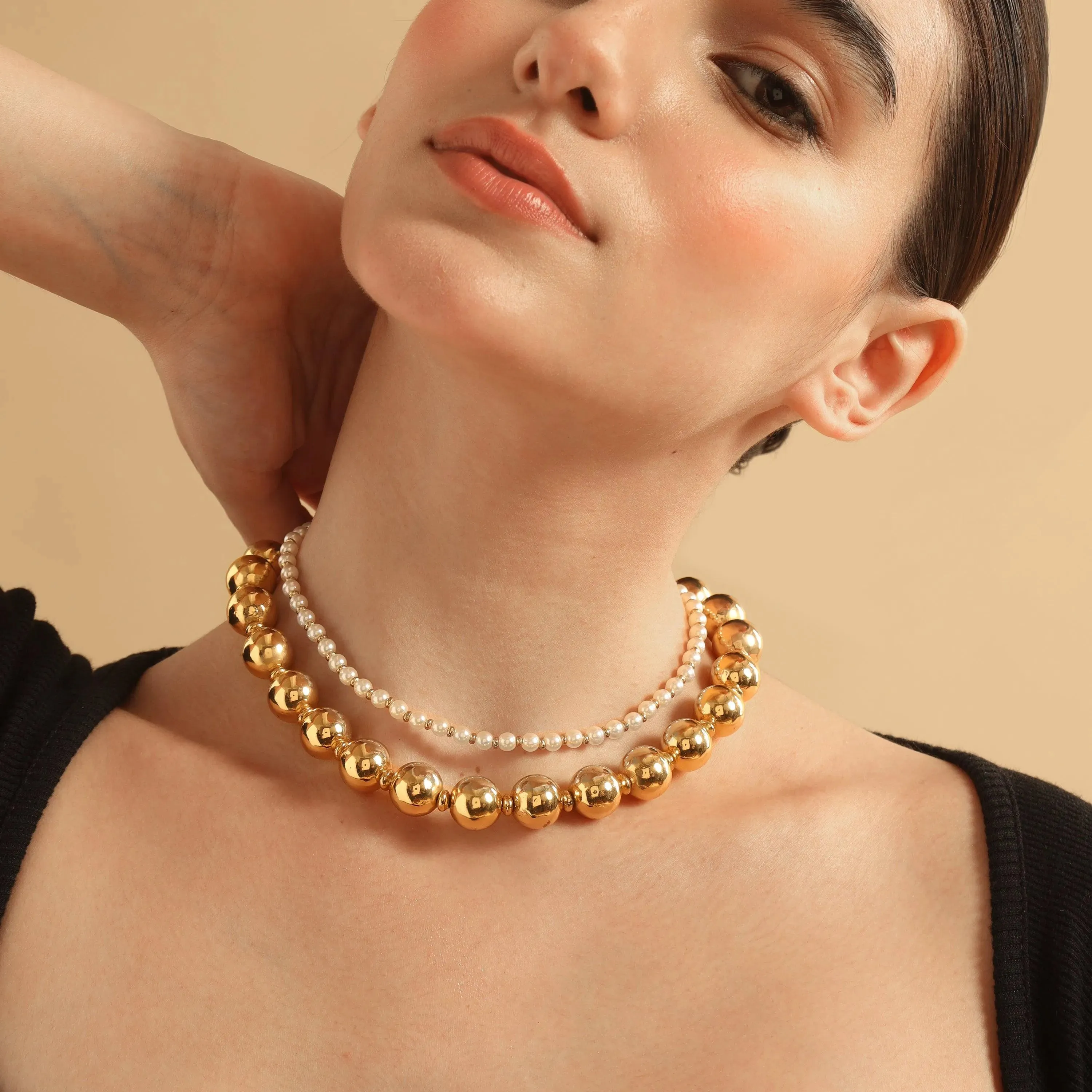 TFC Bold and Gold Beads and Pearl Layered Necklace