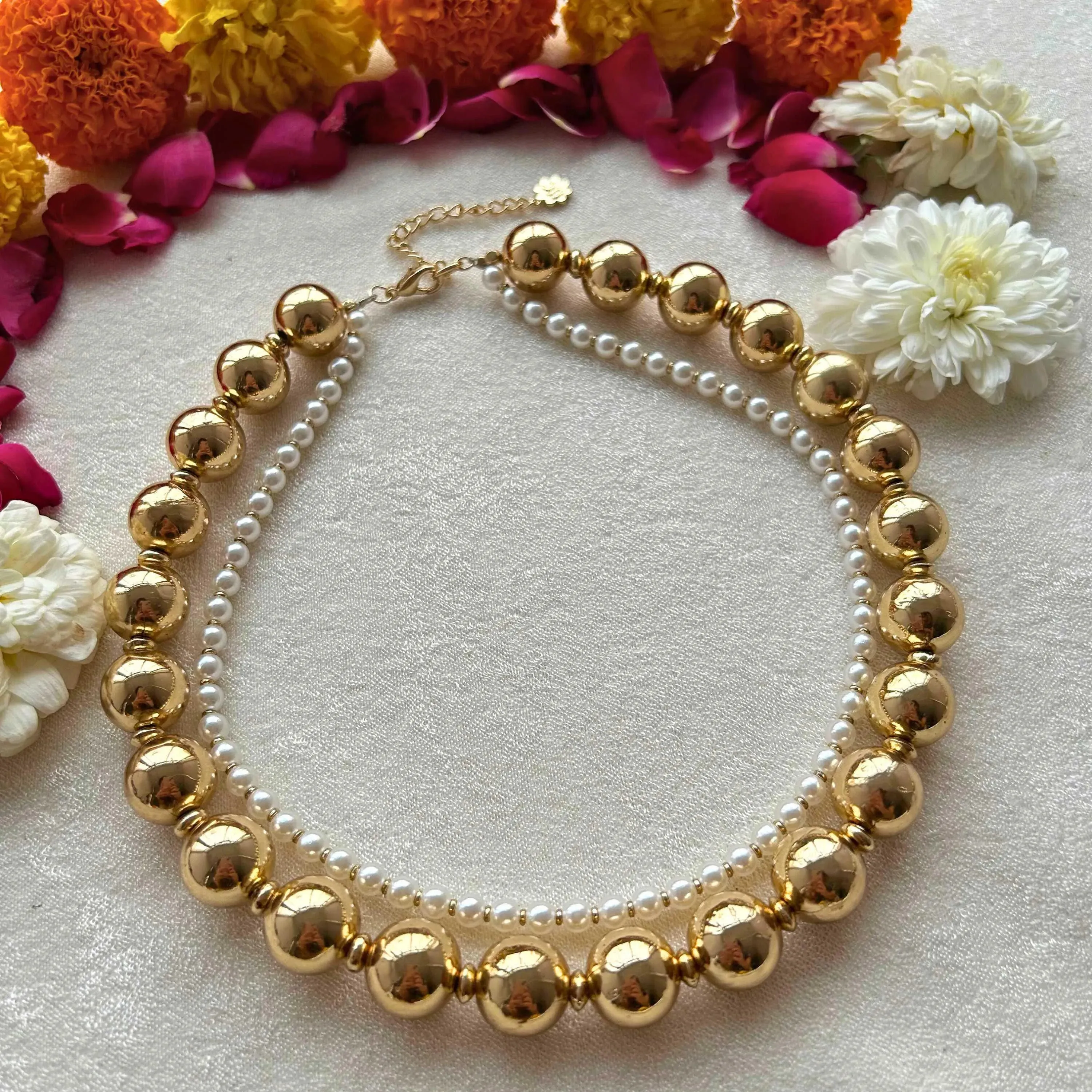 TFC Bold and Gold Beads and Pearl Layered Necklace