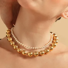 TFC Bold and Gold Beads and Pearl Layered Necklace