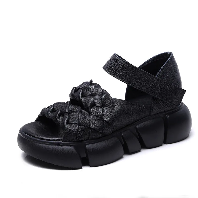 Women Retro Plaited Leather Casual Platform Sandals