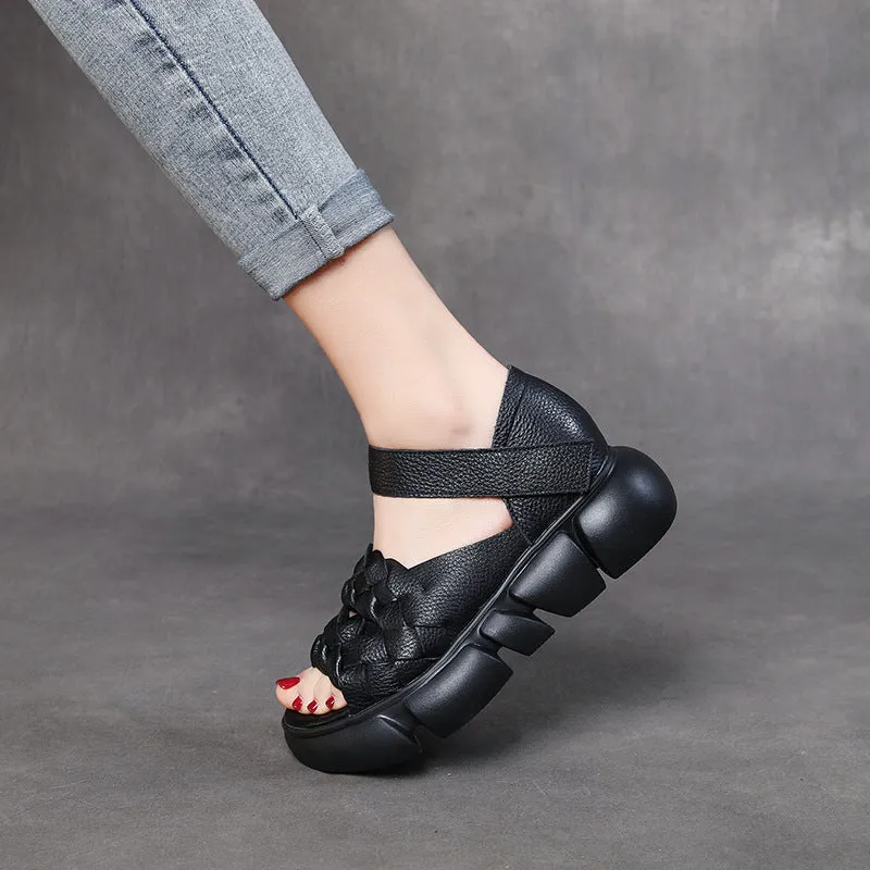 Women Retro Plaited Leather Casual Platform Sandals