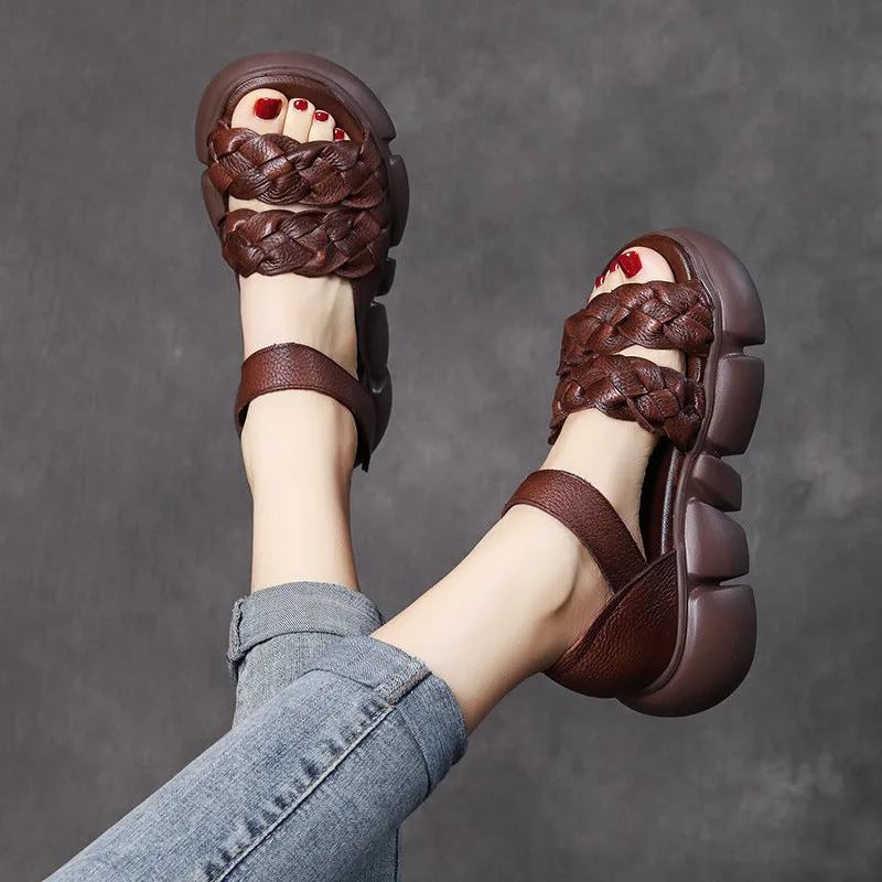 Women Retro Plaited Leather Casual Platform Sandals