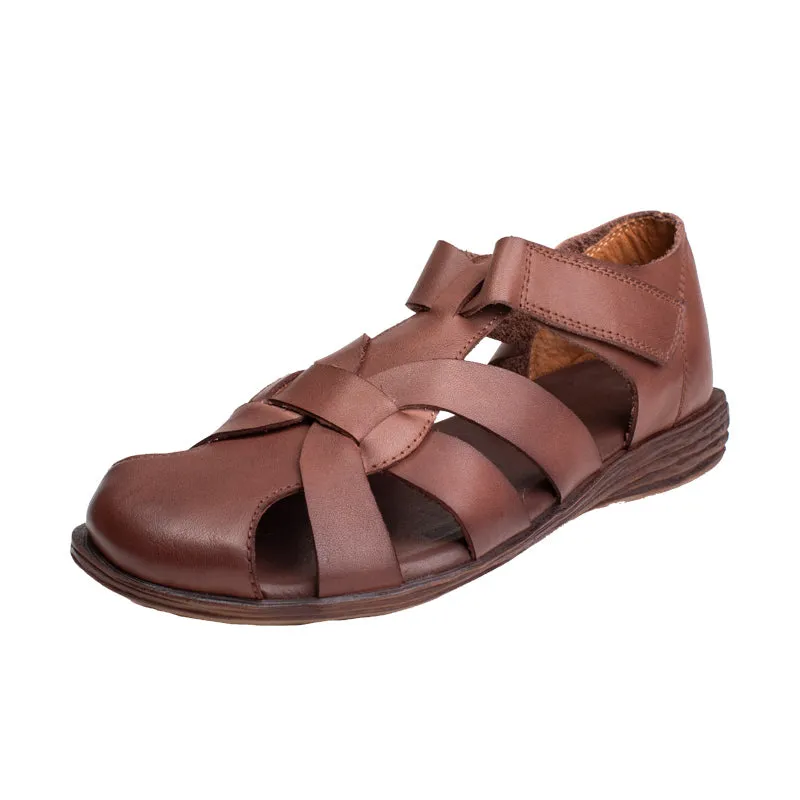 Women Summer Retro Leather Velcro Sandals