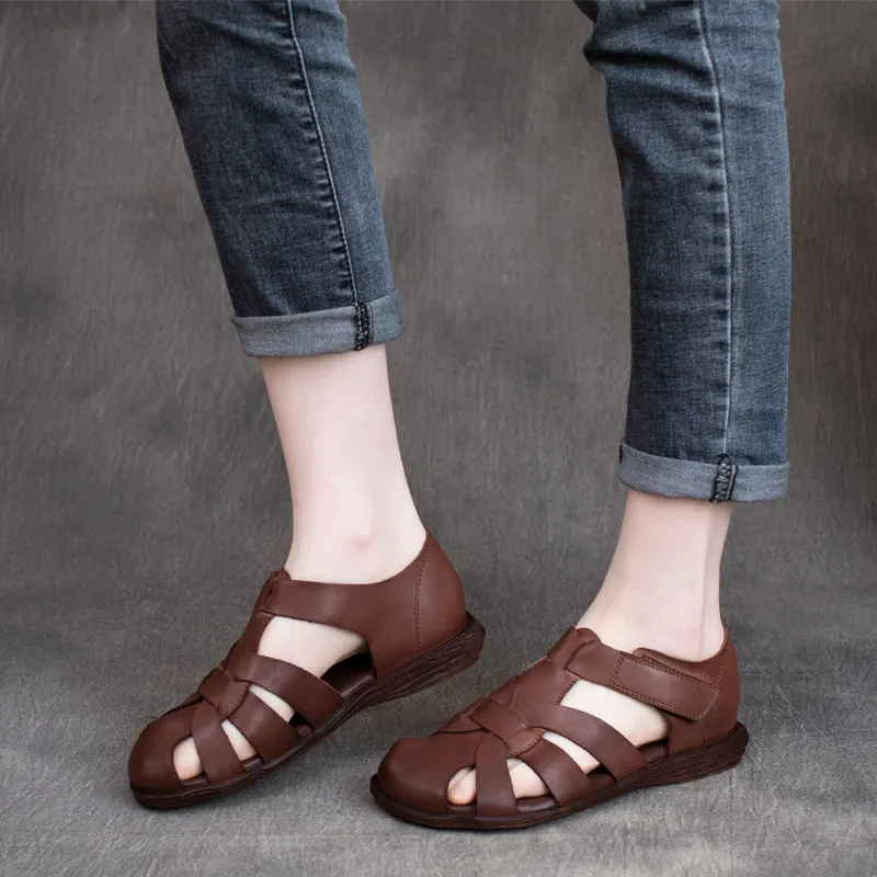 Women Summer Retro Leather Velcro Sandals