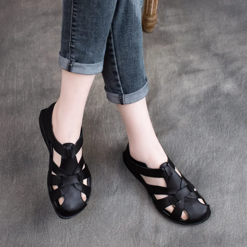 Women Summer Retro Leather Velcro Sandals